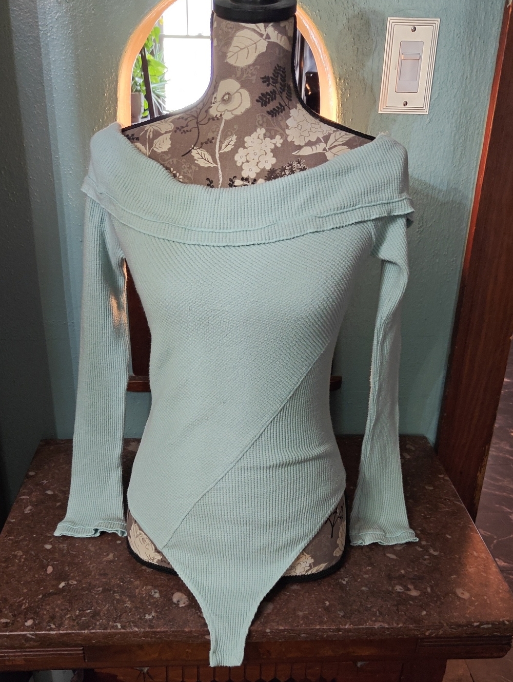 Free People Off-Shoulder Ribbed Light Aqua Sweater Bodysuit